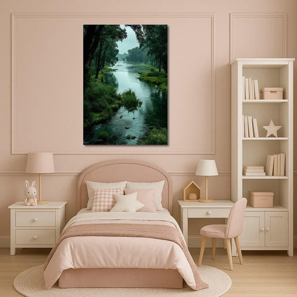 Misty River Through Lush Green Forest – Wall Art