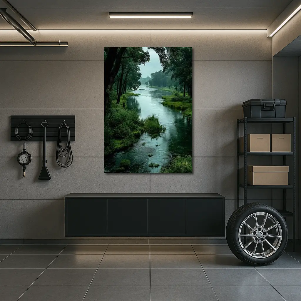 Misty River Through Lush Green Forest – Wall Art