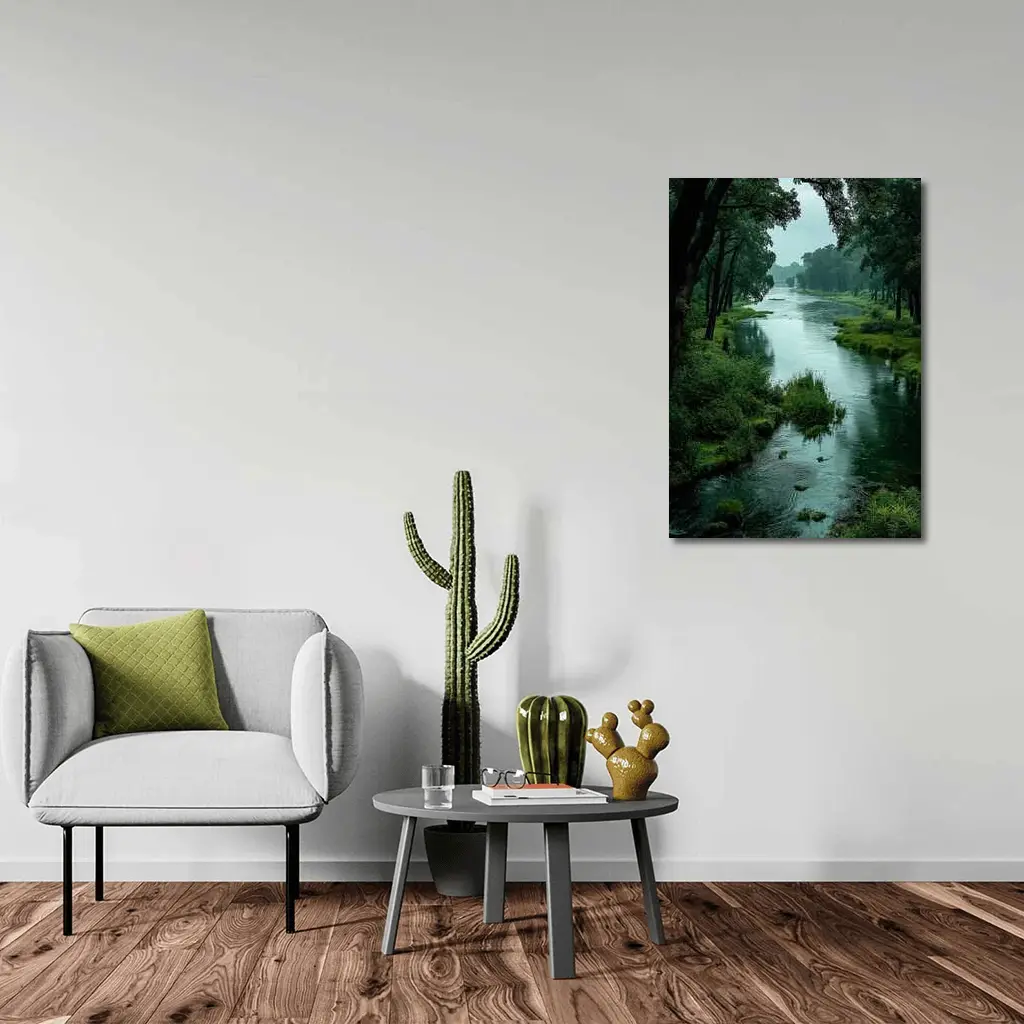 Misty River Through Lush Green Forest – Wall Art