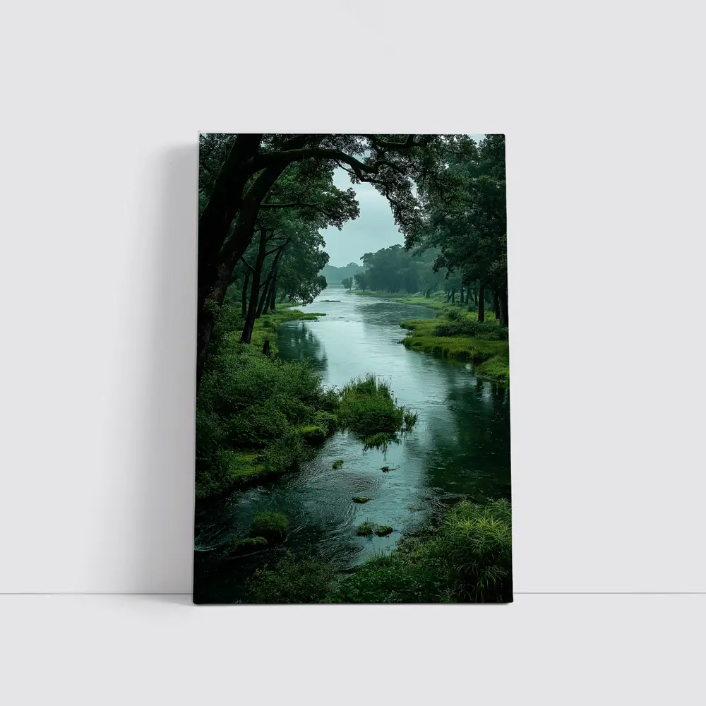Misty River Through Lush Green Forest – Wall Art