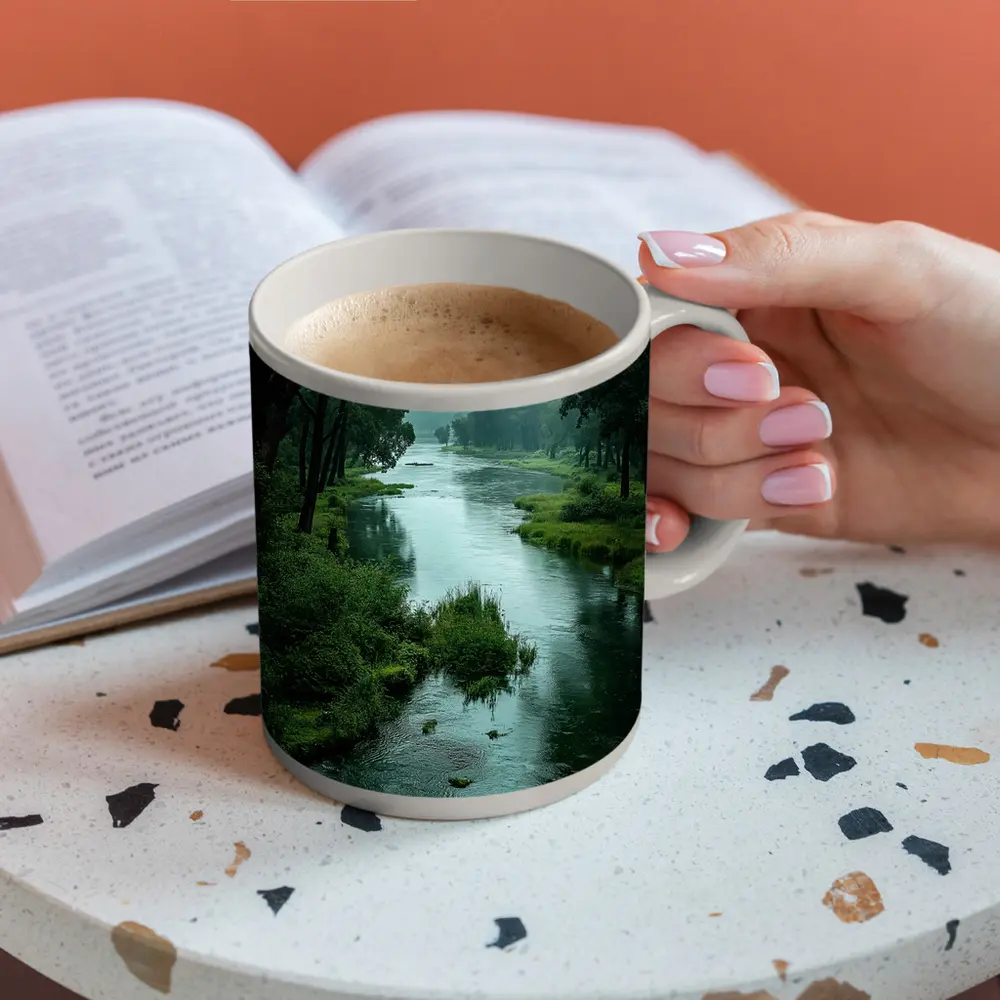 Misty River Through Lush Green Forest – Mugs