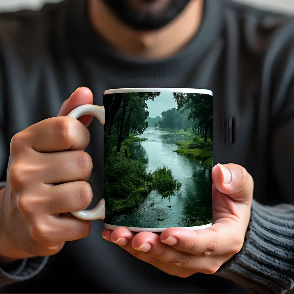 Misty River Through Lush Green Forest – Mugs