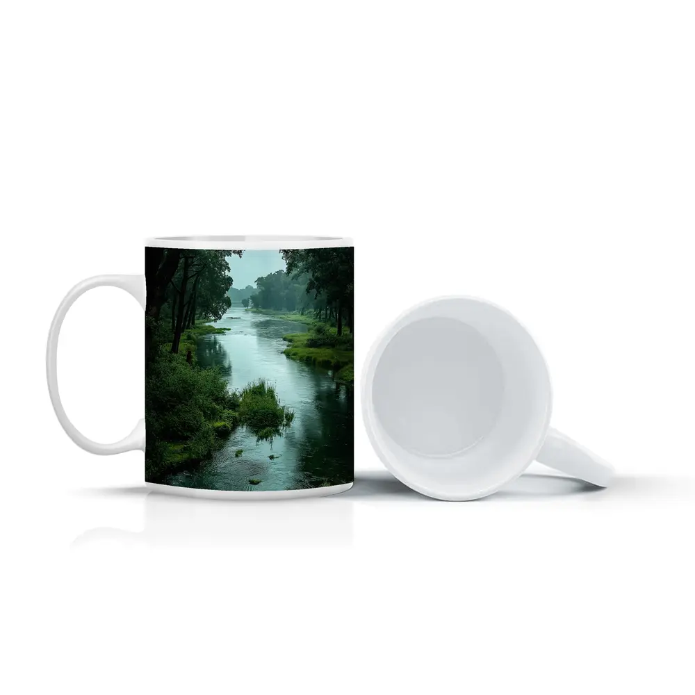 Misty River Through Lush Green Forest – Mugs