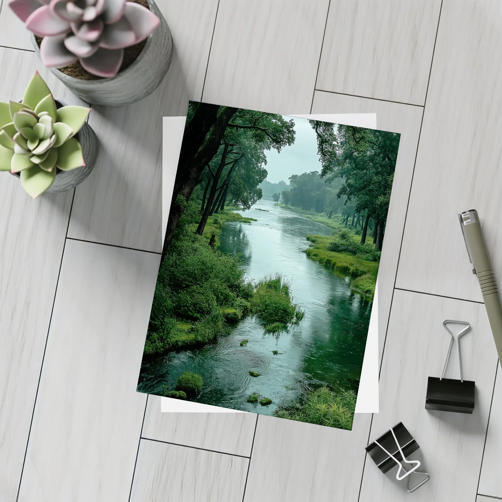 Misty River Through Lush Green Forest – Postcards