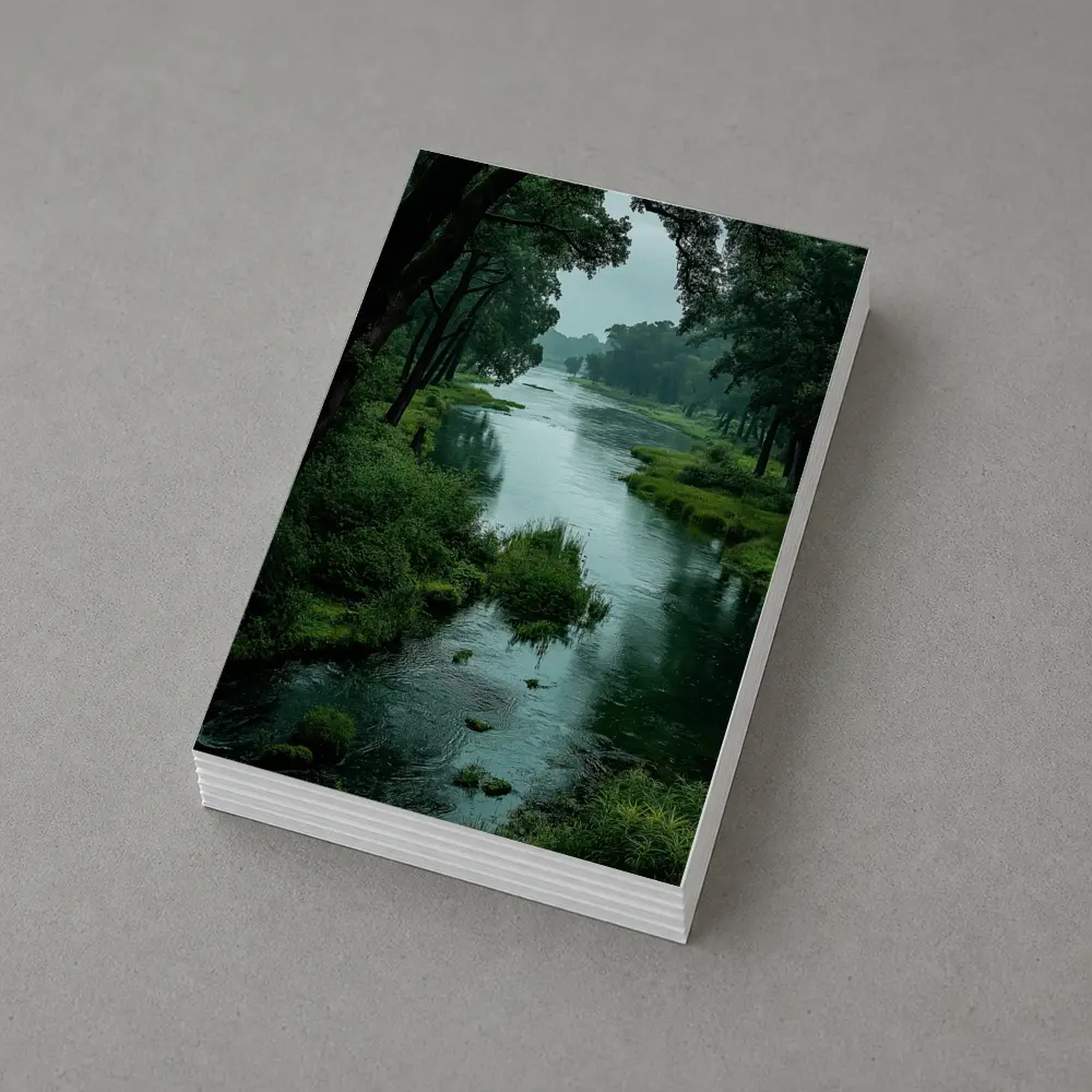 Misty River Through Lush Green Forest – Postcards