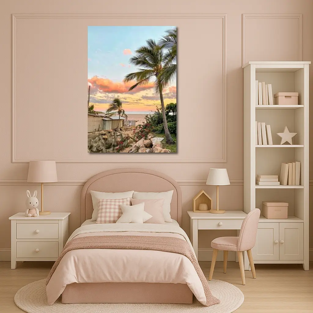 Tropical Beach Sunset Palm Trees Pink Sky – Wall Art