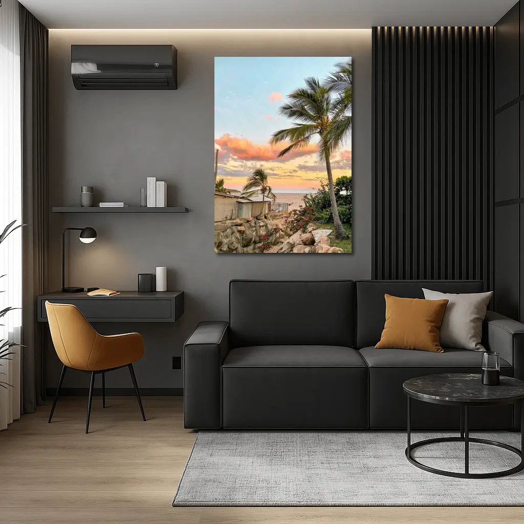Tropical Beach Sunset Palm Trees Pink Sky – Wall Art