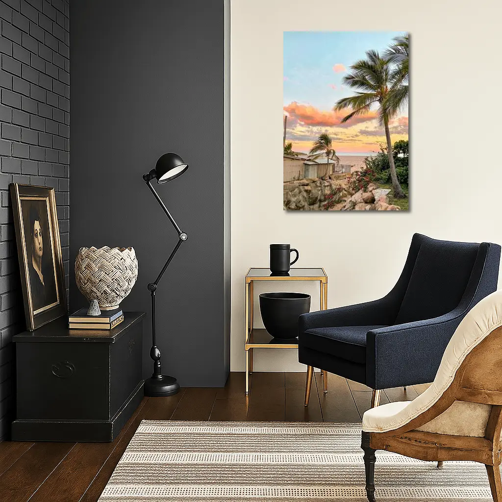 Tropical Beach Sunset Palm Trees Pink Sky – Wall Art