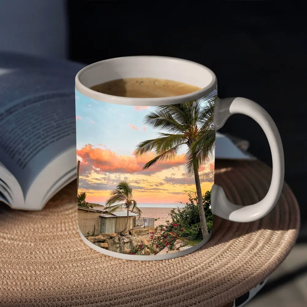 Tropical Beach Sunset Palm Trees Pink Sky – Mugs