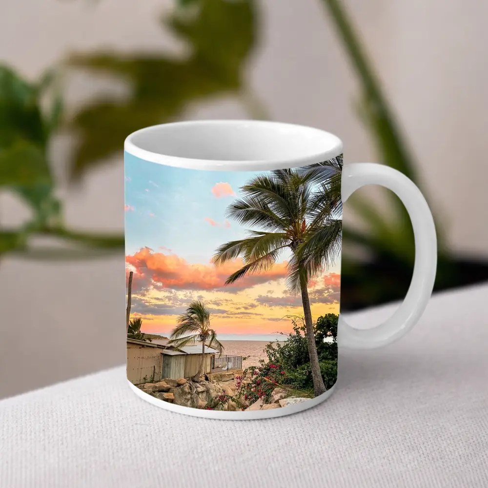 Tropical Beach Sunset Palm Trees Pink Sky – Mugs