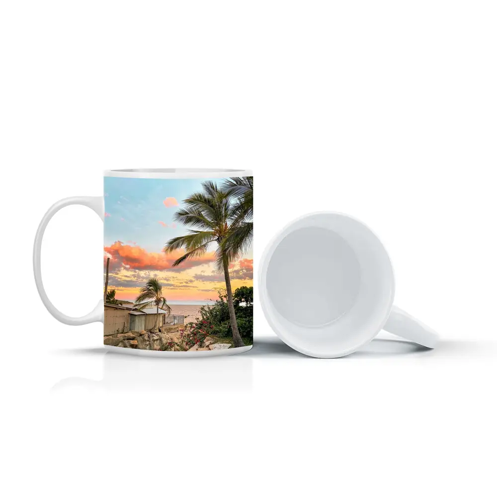 Tropical Beach Sunset Palm Trees Pink Sky – Mugs