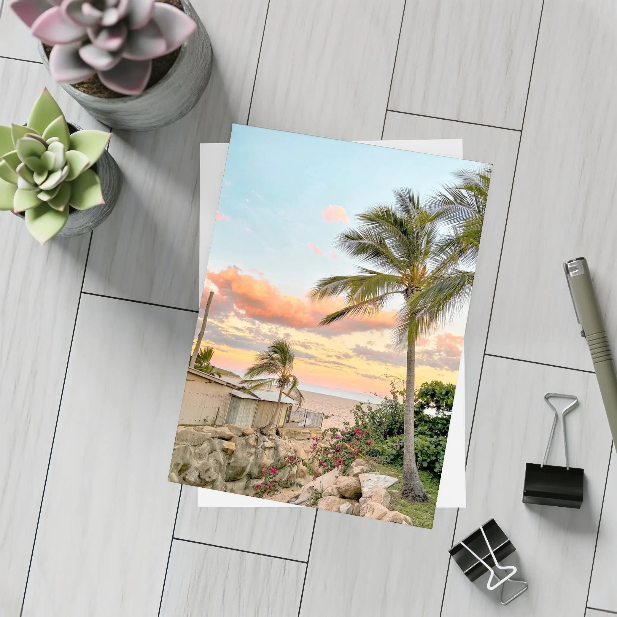 Tropical Beach Sunset Palm Trees Pink Sky – Postcards