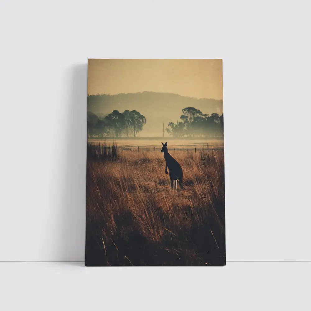 Kangaroo Silhouette Misty Australian Grassland Field – Wall Art