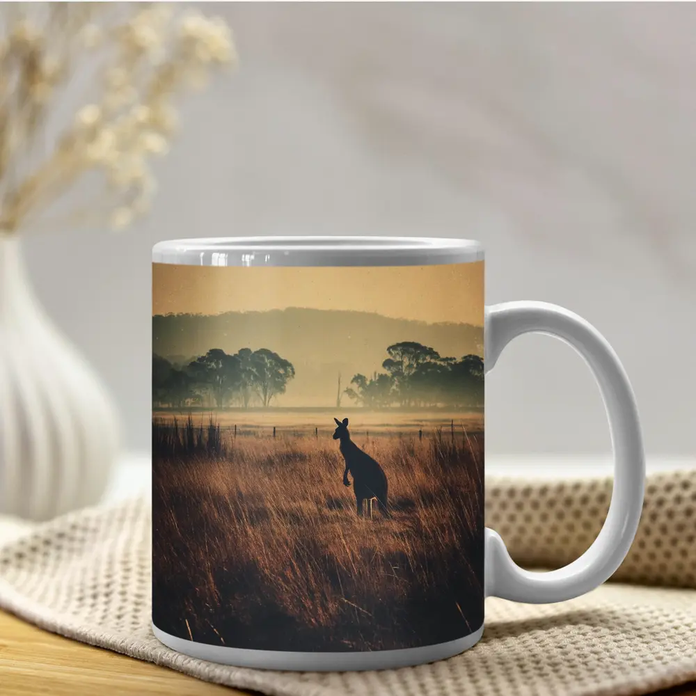 Kangaroo Silhouette Misty Australian Grassland Field – Mugs