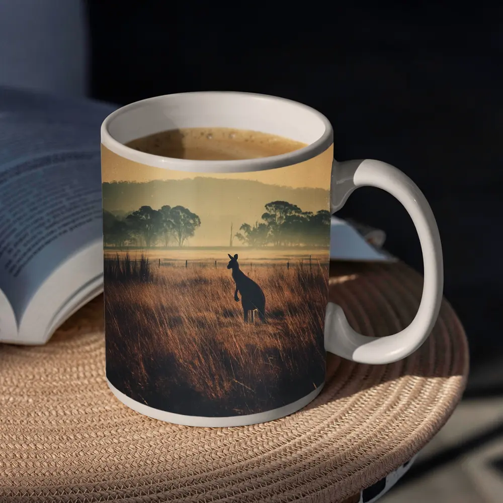 Kangaroo Silhouette Misty Australian Grassland Field – Mugs