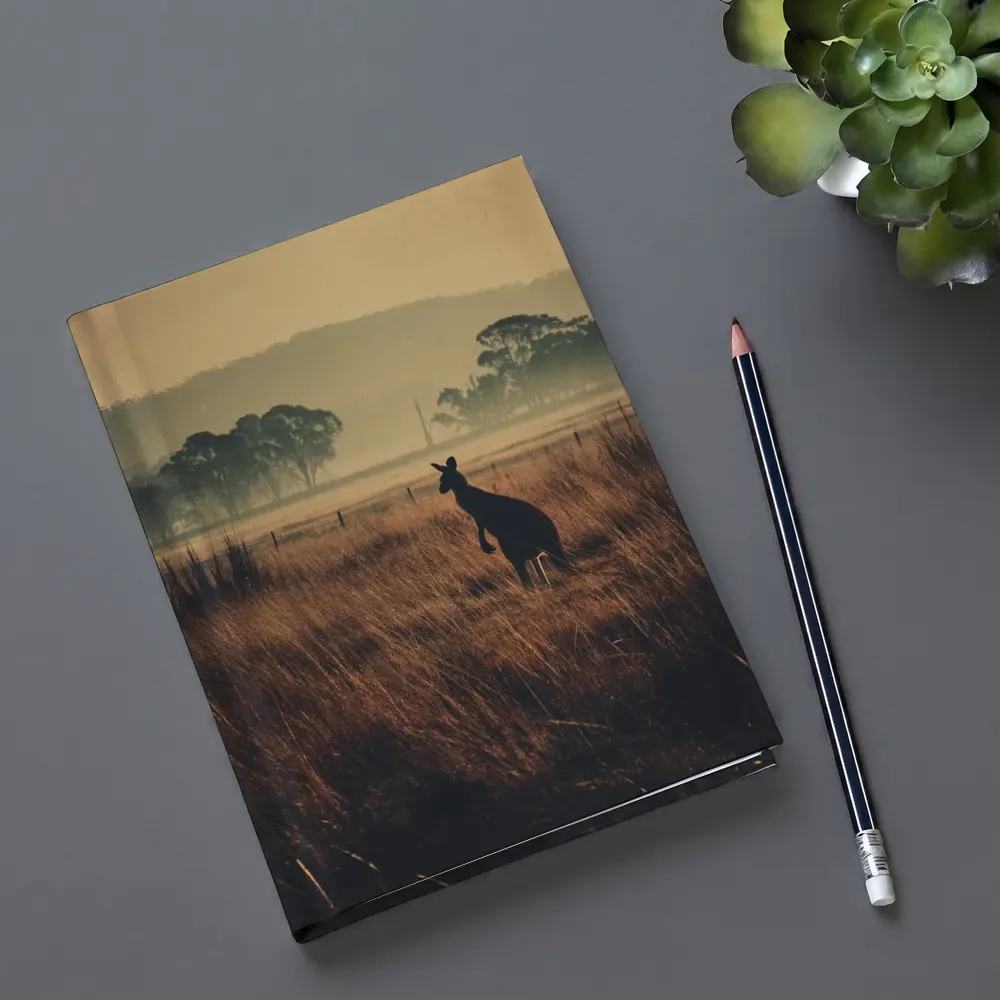 Kangaroo Silhouette Misty Australian Grassland Field – Notebooks