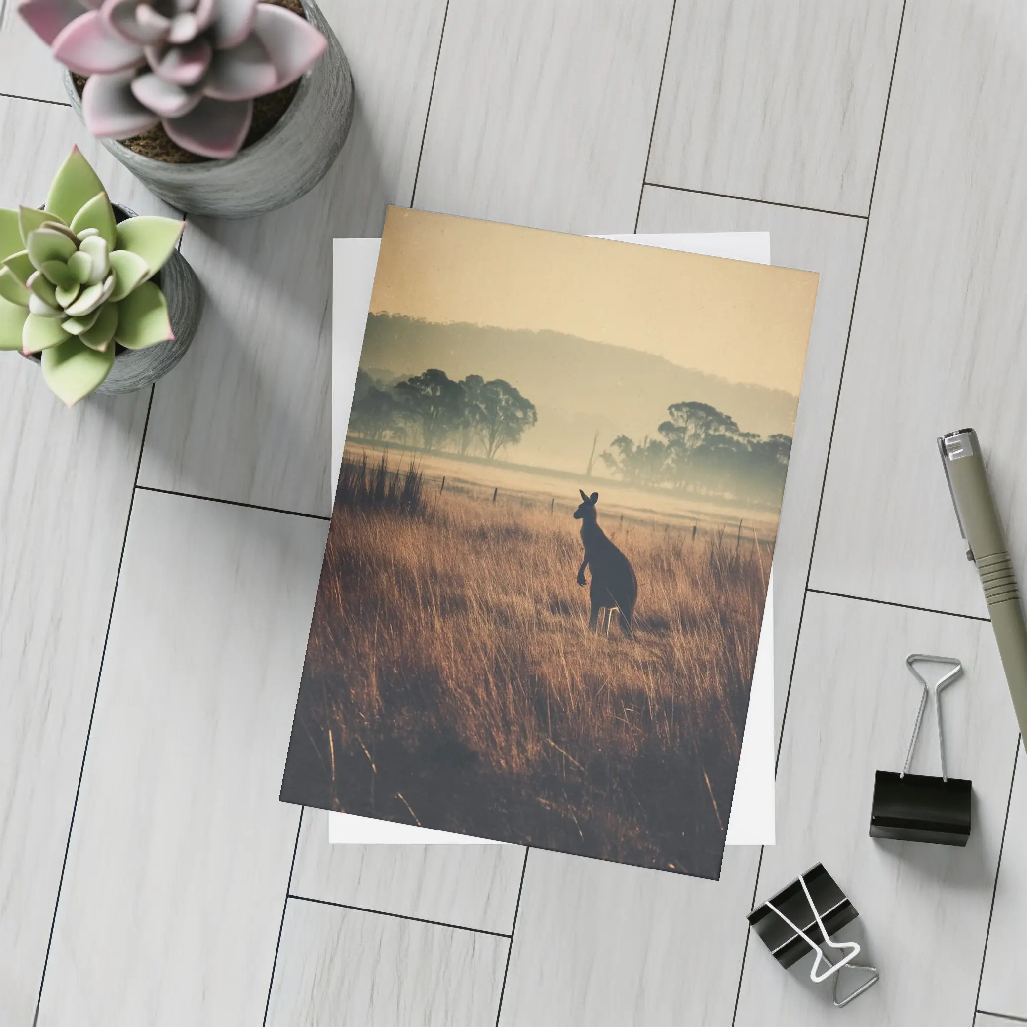 Kangaroo Silhouette Misty Australian Grassland Field – Postcards