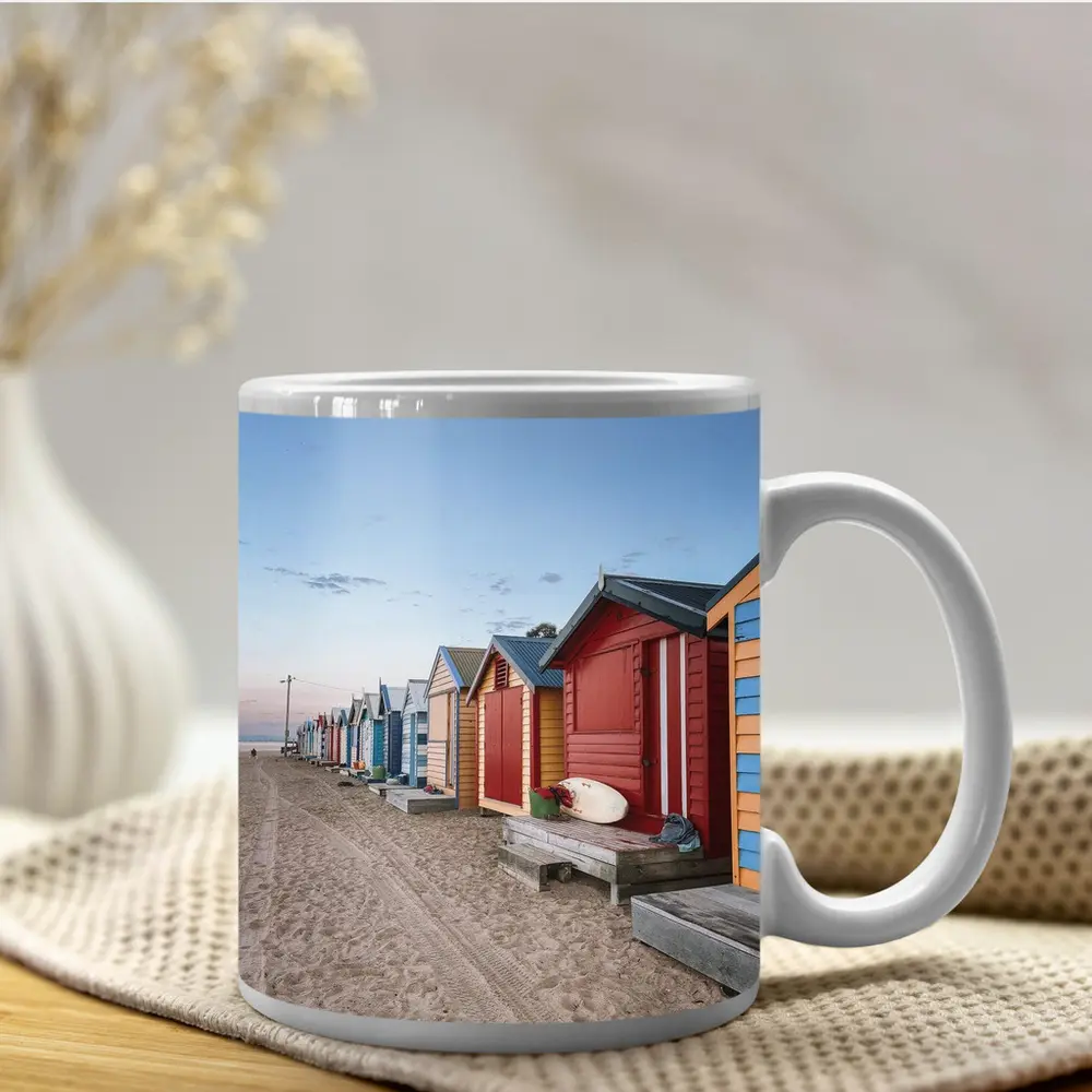 Brighton Beach Huts Colorful Sandy Shore – Mugs