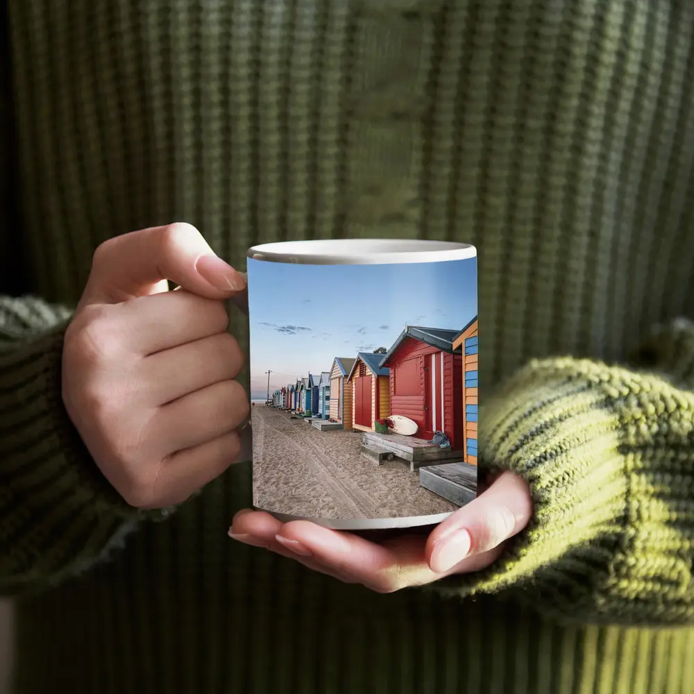 Brighton Beach Huts Colorful Sandy Shore – Mugs