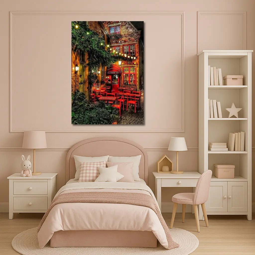 Cozy European Cafe Alley Night Street – Wall Art