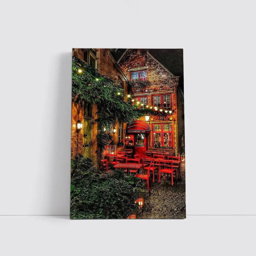 Cozy European Cafe Alley Night Street – Wall Art