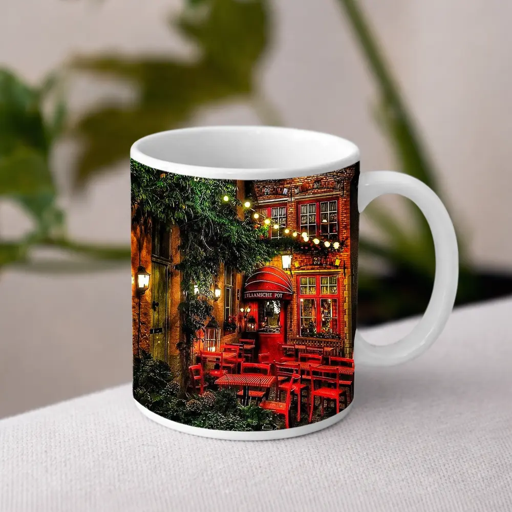 Cozy European Cafe Alley Night Street – Mugs