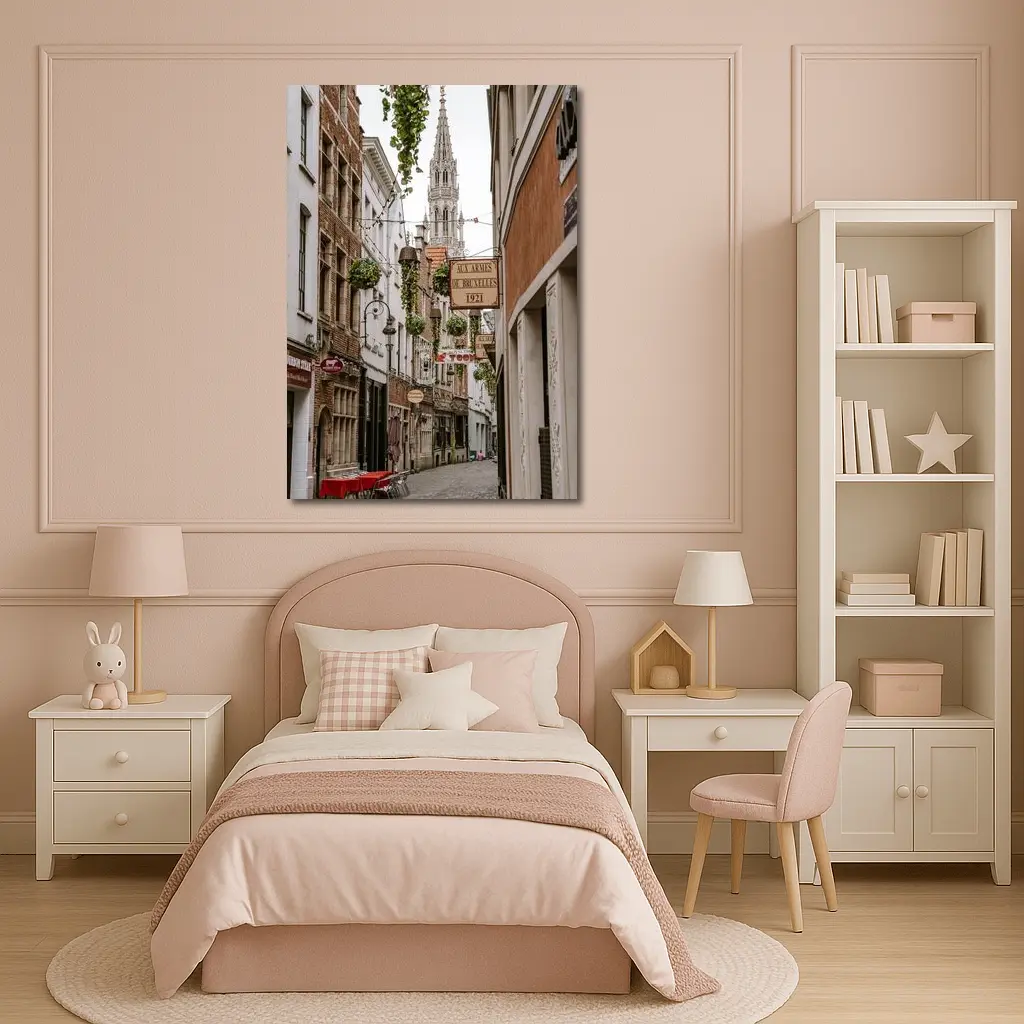Brussels Old Town Narrow Cobblestone Street Scene – Wall Art