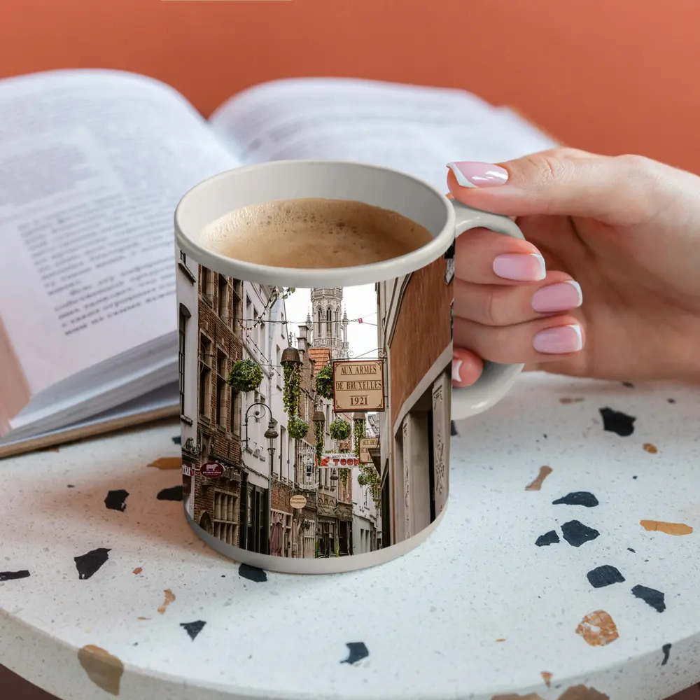 Brussels Old Town Narrow Cobblestone Street Scene – Mugs