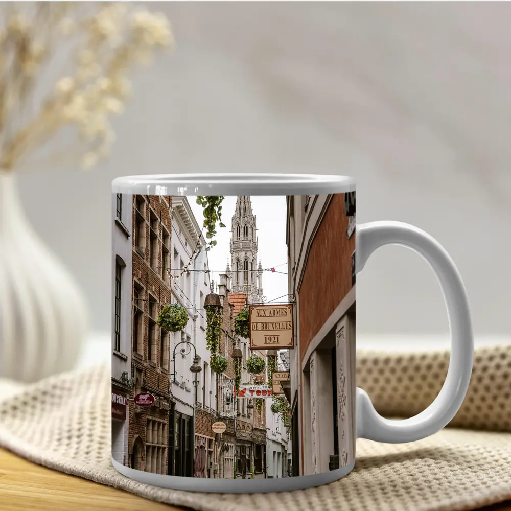 Brussels Old Town Narrow Cobblestone Street Scene – Mugs