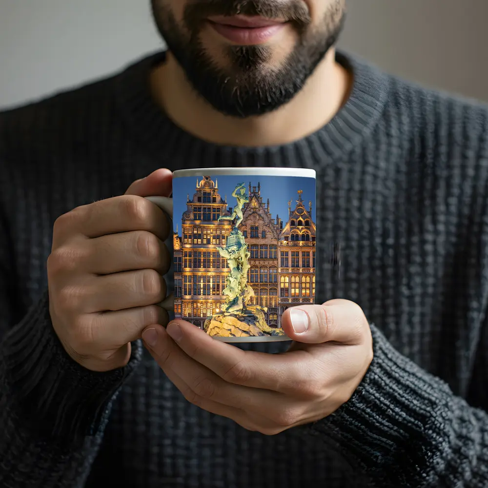 Brabo Fountain Antwerp Grand Place Night – Mugs