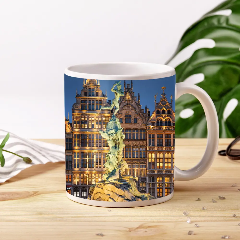 Brabo Fountain Antwerp Grand Place Night – Mugs