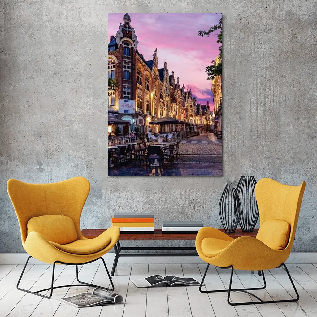 Belgium Old Town Square At Pink Sunset – Wall Art