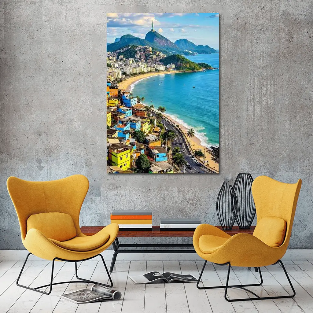 Rio de Janeiro Coastline Colorful Favela Aerial View – Wall Art