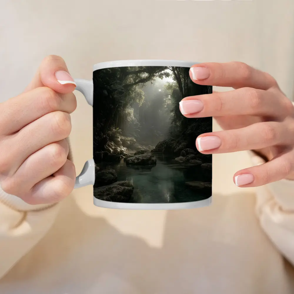 Misty Jungle River Through Ancient Forest – Mugs