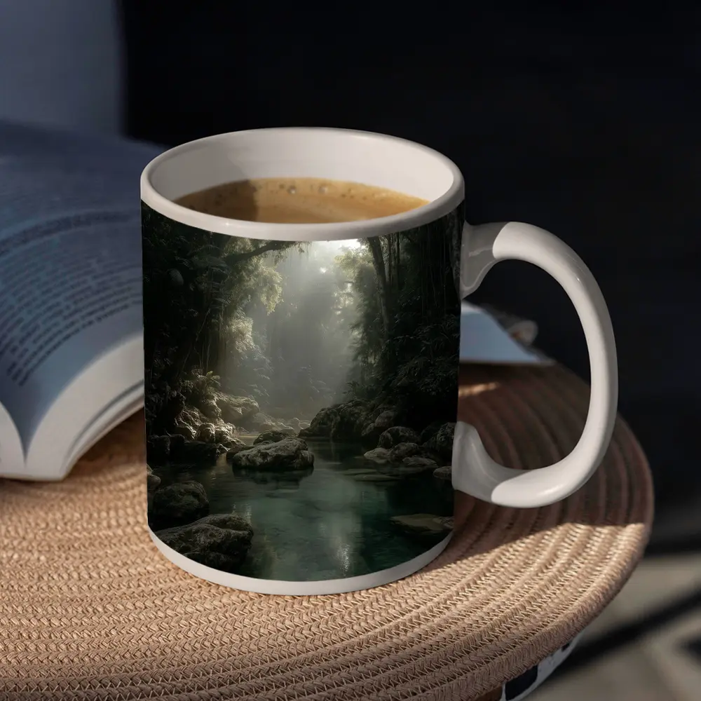 Misty Jungle River Through Ancient Forest – Mugs