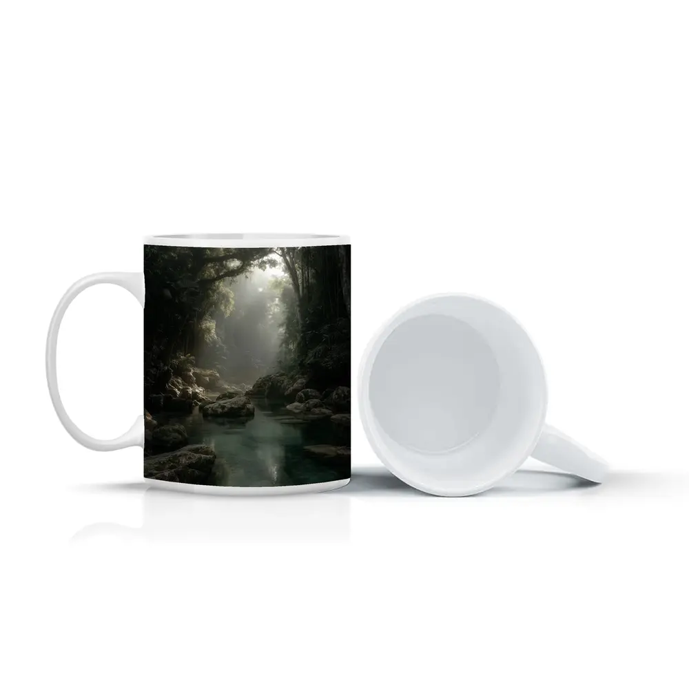 Misty Jungle River Through Ancient Forest – Mugs