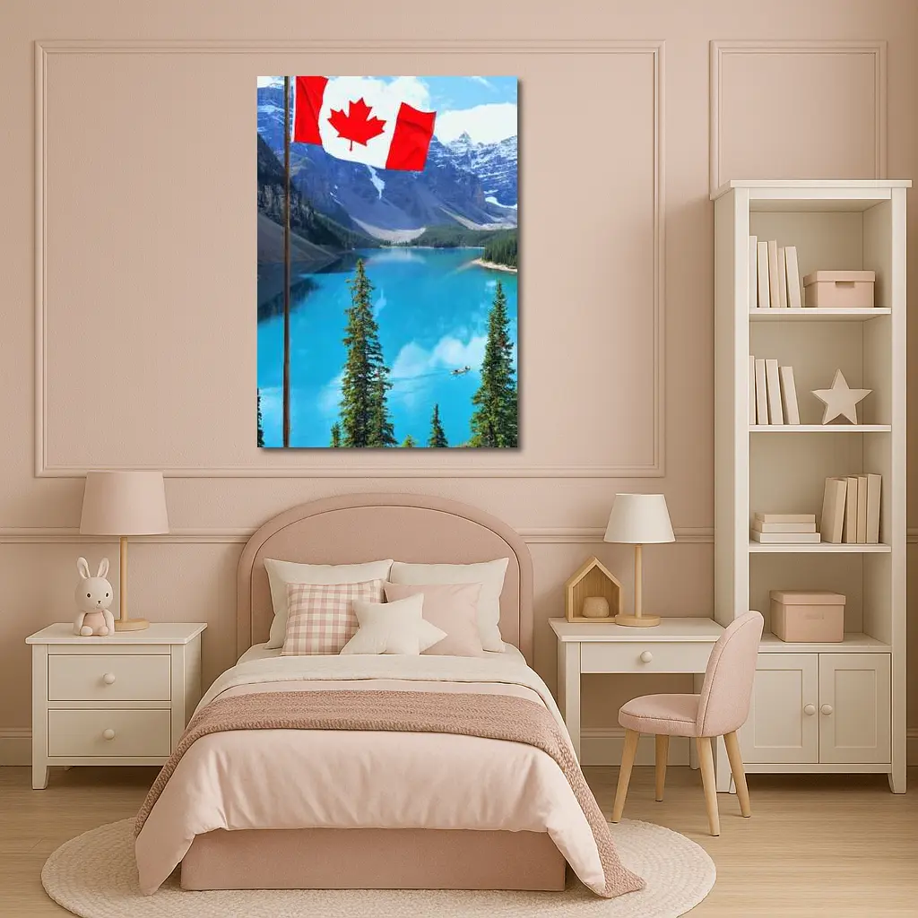 Canadian Flag Over Blue Mountain Lake – Wall Art
