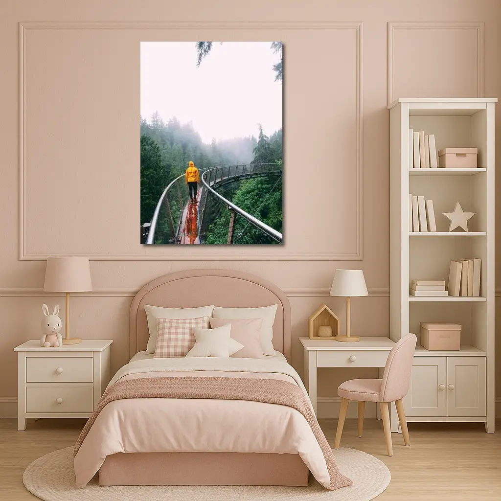 Yellow Jacket Hiker on Misty Forest Bridge – Wall Art
