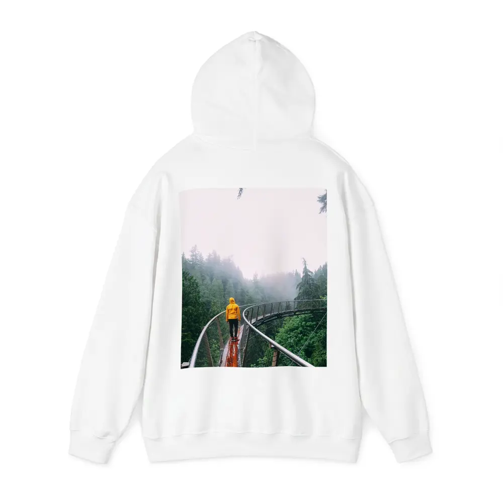 Yellow Jacket Hiker on Misty Forest Bridge – Hoodies
