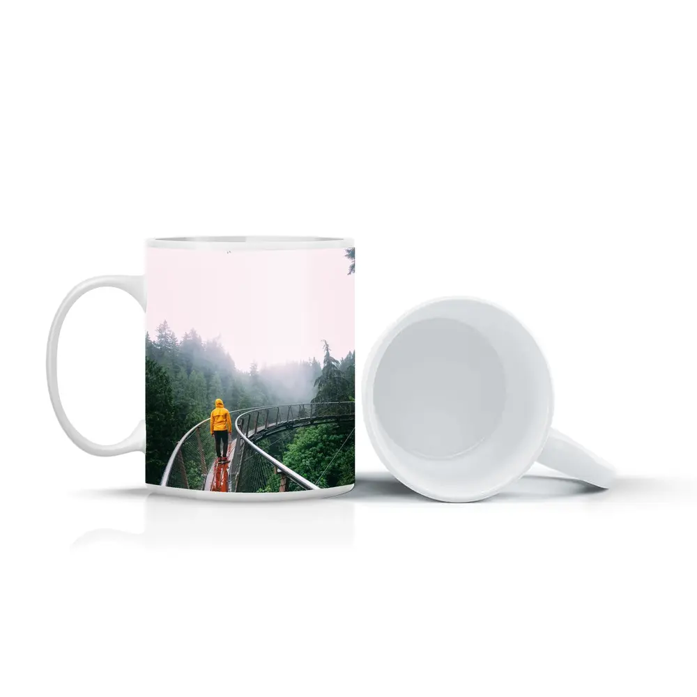 Yellow Jacket Hiker on Misty Forest Bridge – Mugs