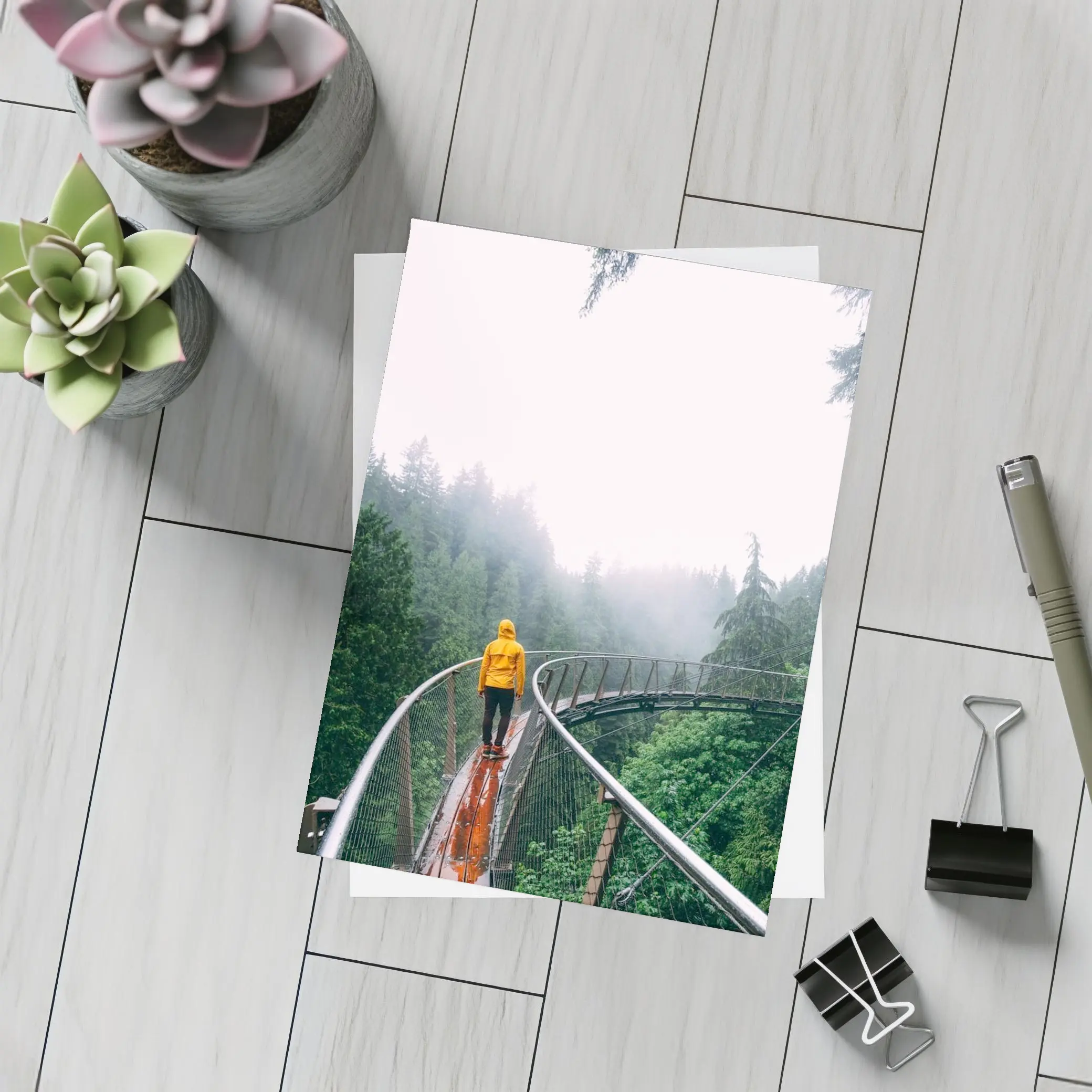 Yellow Jacket Hiker on Misty Forest Bridge – Postcards