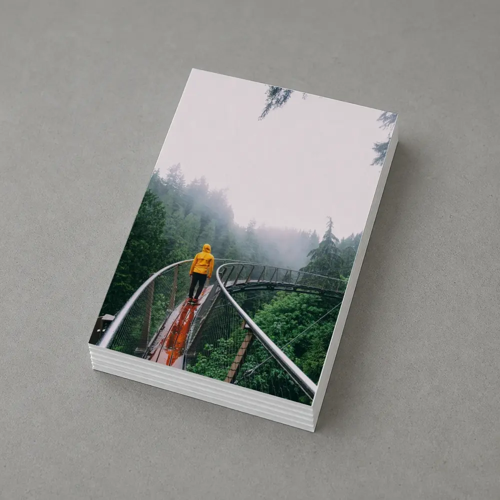 Yellow Jacket Hiker on Misty Forest Bridge – Postcards