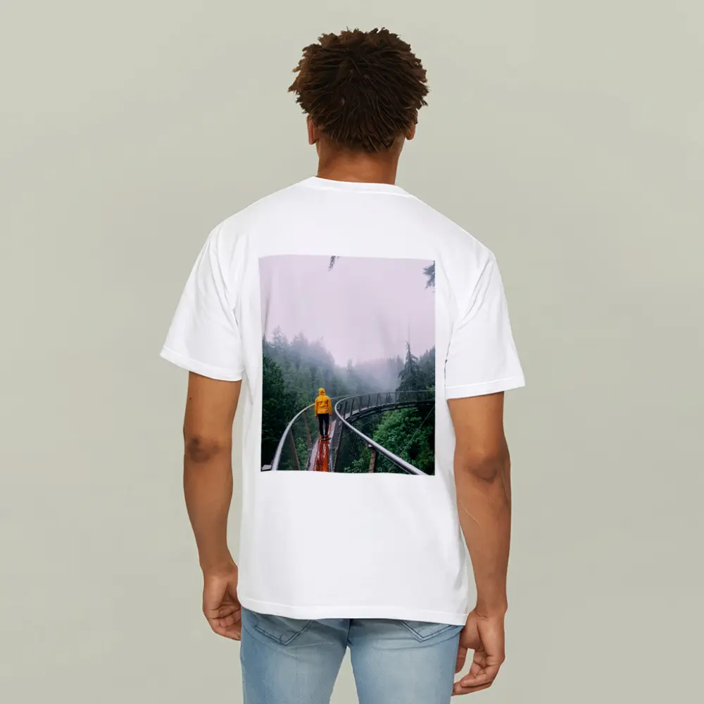 Yellow Jacket Hiker on Misty Forest Bridge – T-Shirts