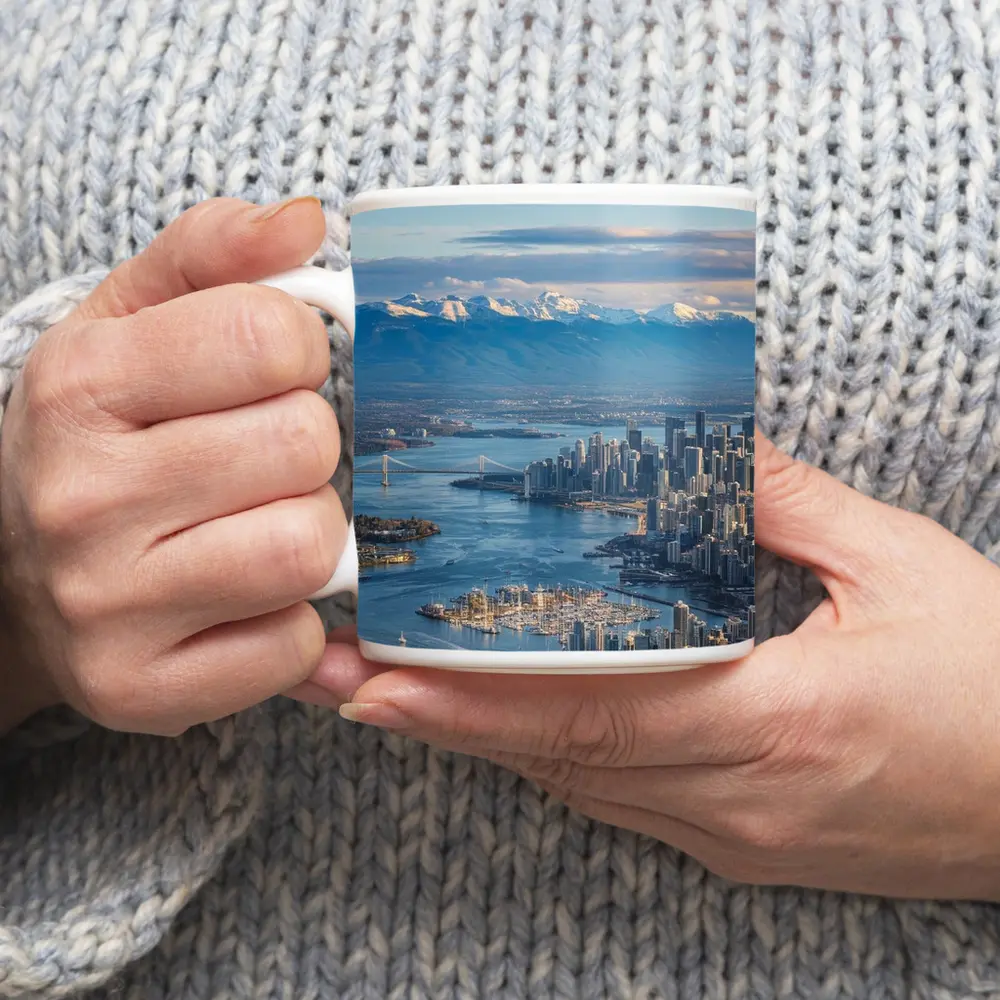 Vancouver Skyline Snow Mountains Aerial View – Mugs
