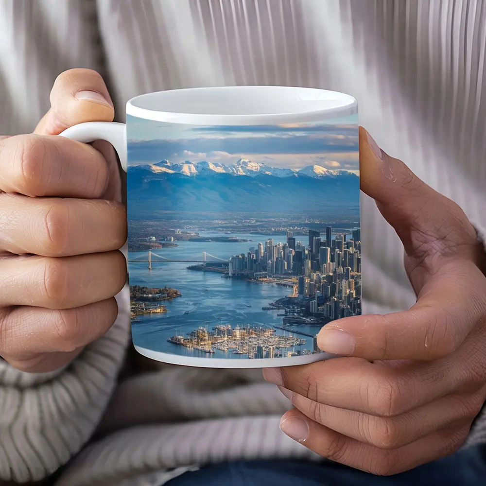 Vancouver Skyline Snow Mountains Aerial View – Mugs