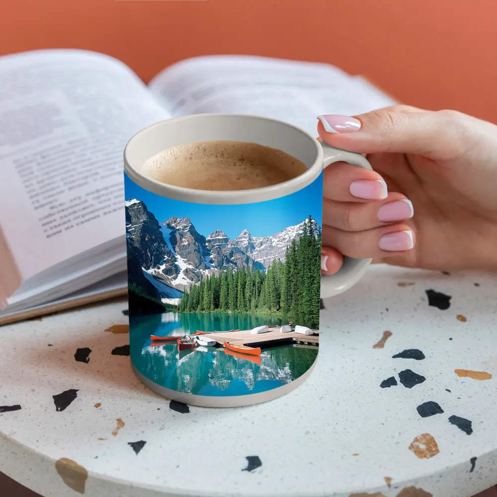 Moraine Lake Canoes Rocky Mountains Canada – Mugs