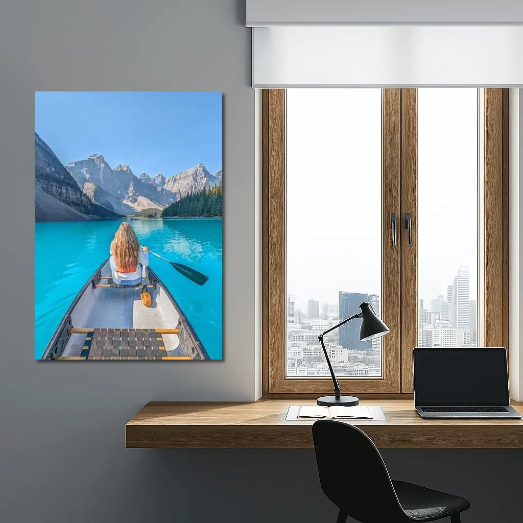 Woman Canoeing Turquoise Mountain Lake Canada – Wall Art