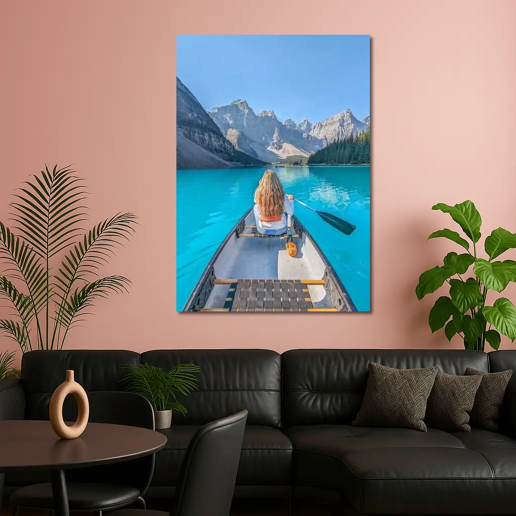 Woman Canoeing Turquoise Mountain Lake Canada – Wall Art