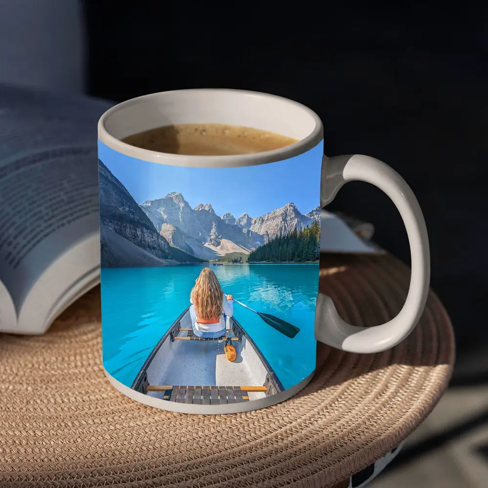 Woman Canoeing Turquoise Mountain Lake Canada – Mugs