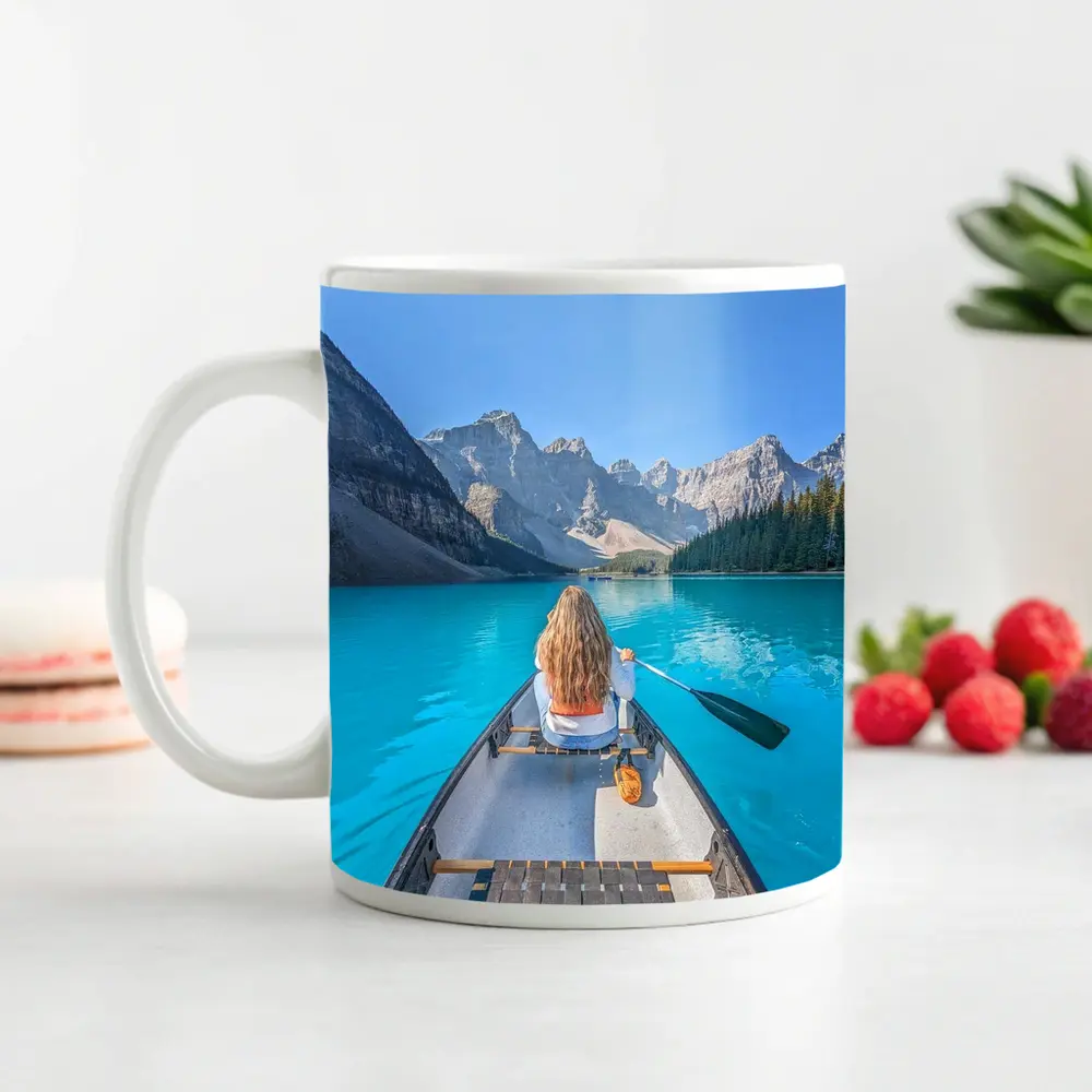 Woman Canoeing Turquoise Mountain Lake Canada – Mugs